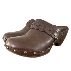 LINDSAY PHILLIPS Boho Clogs Mules 8 Brown Leather Braided Brass Studs Slip On